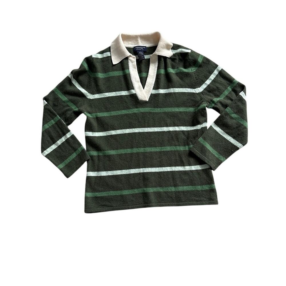 American Eagle Lambswool Cashmere Sweater M Green Stripe Rugby Polo Australia